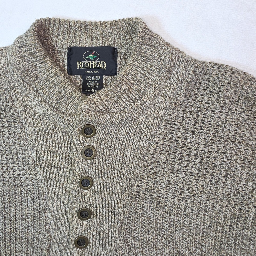 RedHead Vintage Henley Sweater Tan Brown Cotton Blend Button Neck Pullover Large